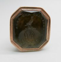 A Georgian chalcedony set seal, with initials, intaglio with bird of prey and the words "Constant