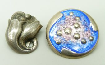 A single silver Georg Jensen earring and a silver and enamelled brooch, maker J.F., Birmingham 1908,
