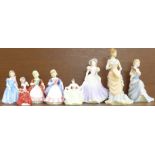 A collection of figures; five Royal Doulton figures, a Royal Worcester and two Coalport figures