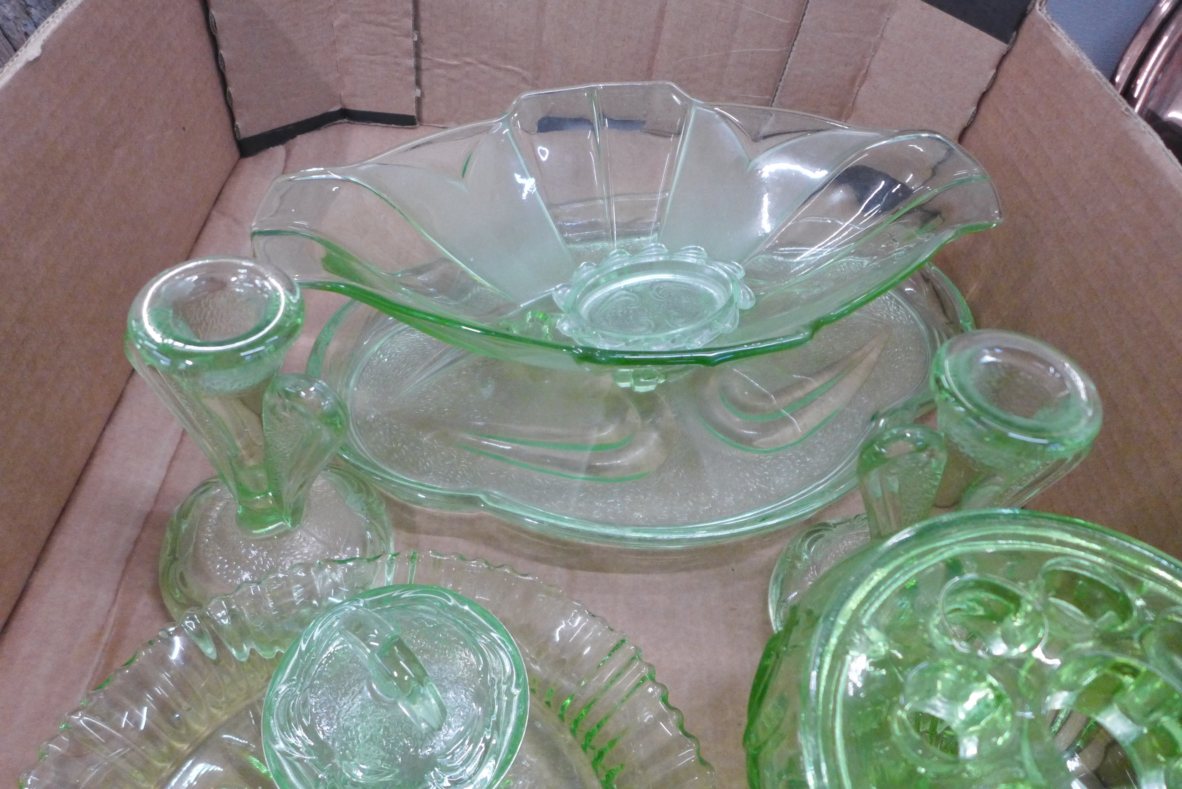 A collection of green glass including a flower frog, dressing table set, vases, etc. (two - Image 2 of 4