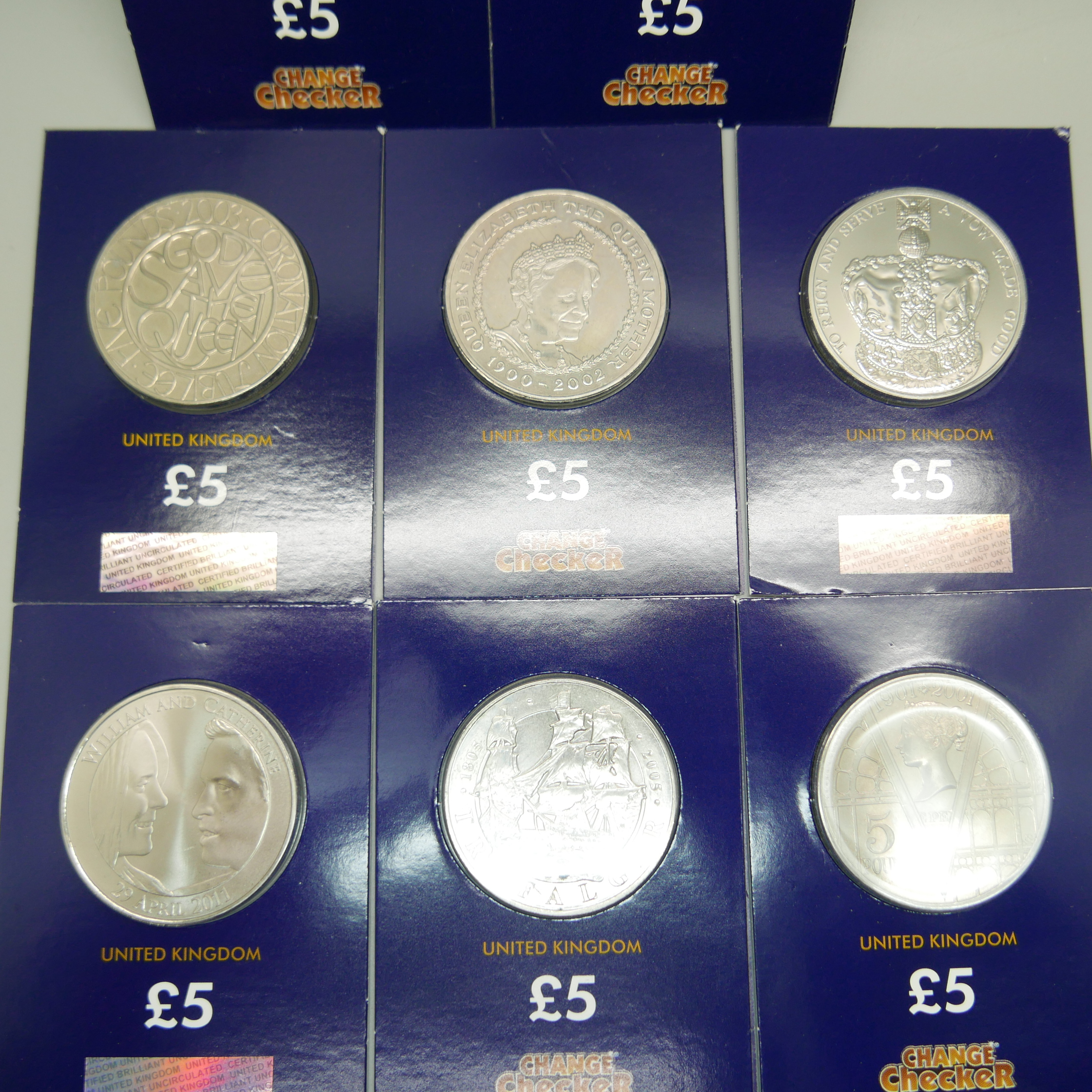 Eight uncirculated £5 coins; 1998, 1999, 2001, 2002, 2003, 2005, 2011, 2013 in sealed packs - Image 2 of 2