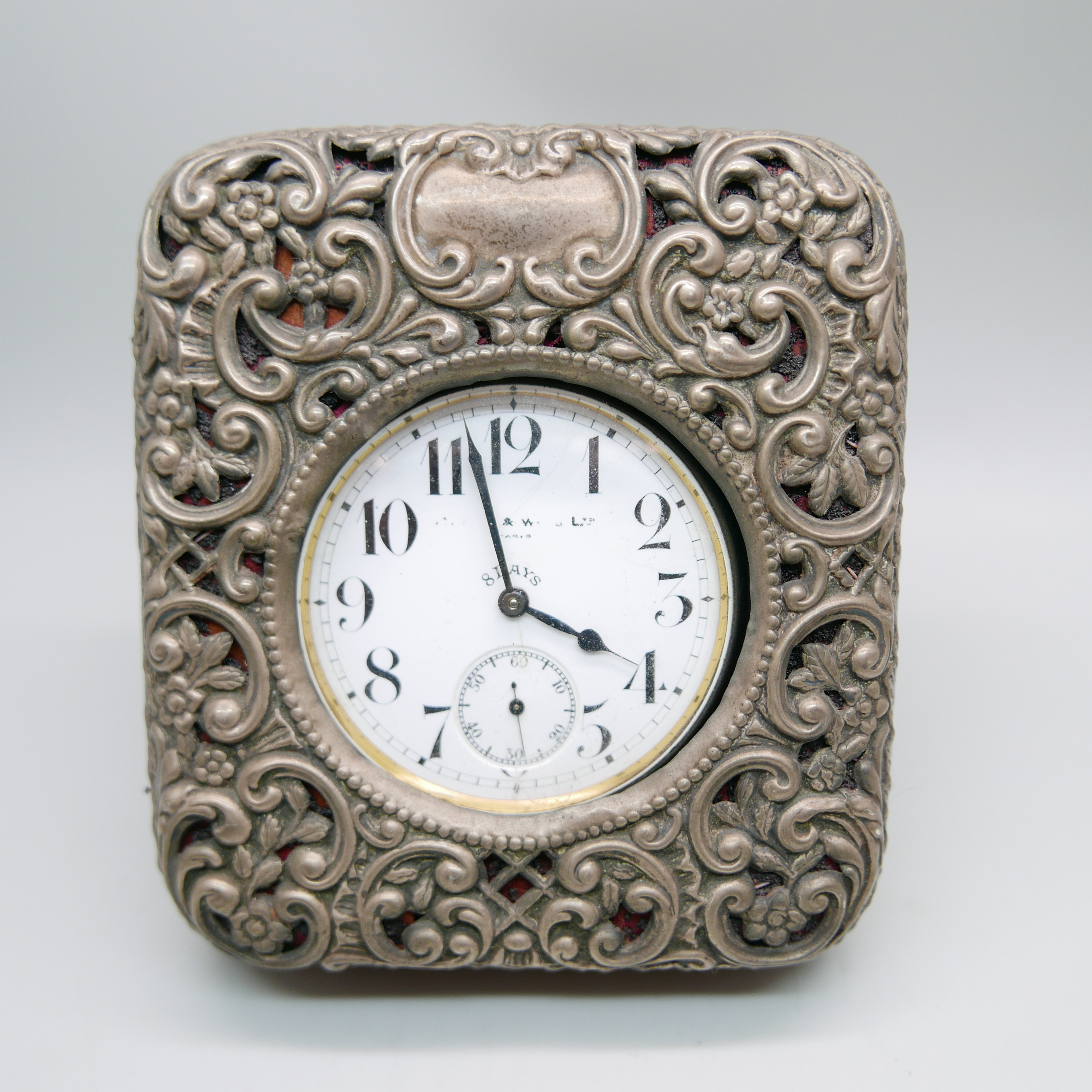A silver travel clock case with Goliath top-wind 8-Days watch, Birmingham 1907