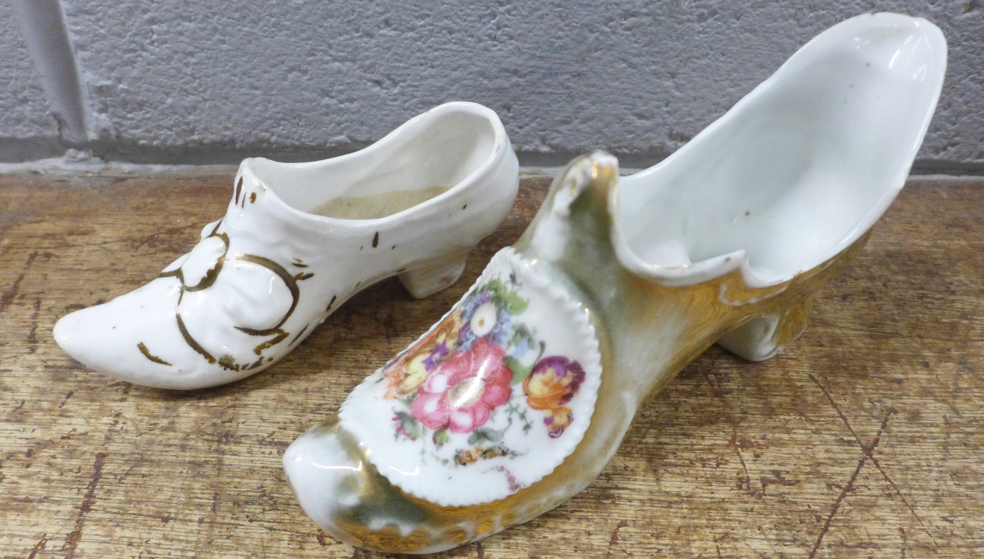 A pastille burner, two Shelley white cups, saucers and cream jug and two china shoes **PLEASE NOTE - Image 3 of 4