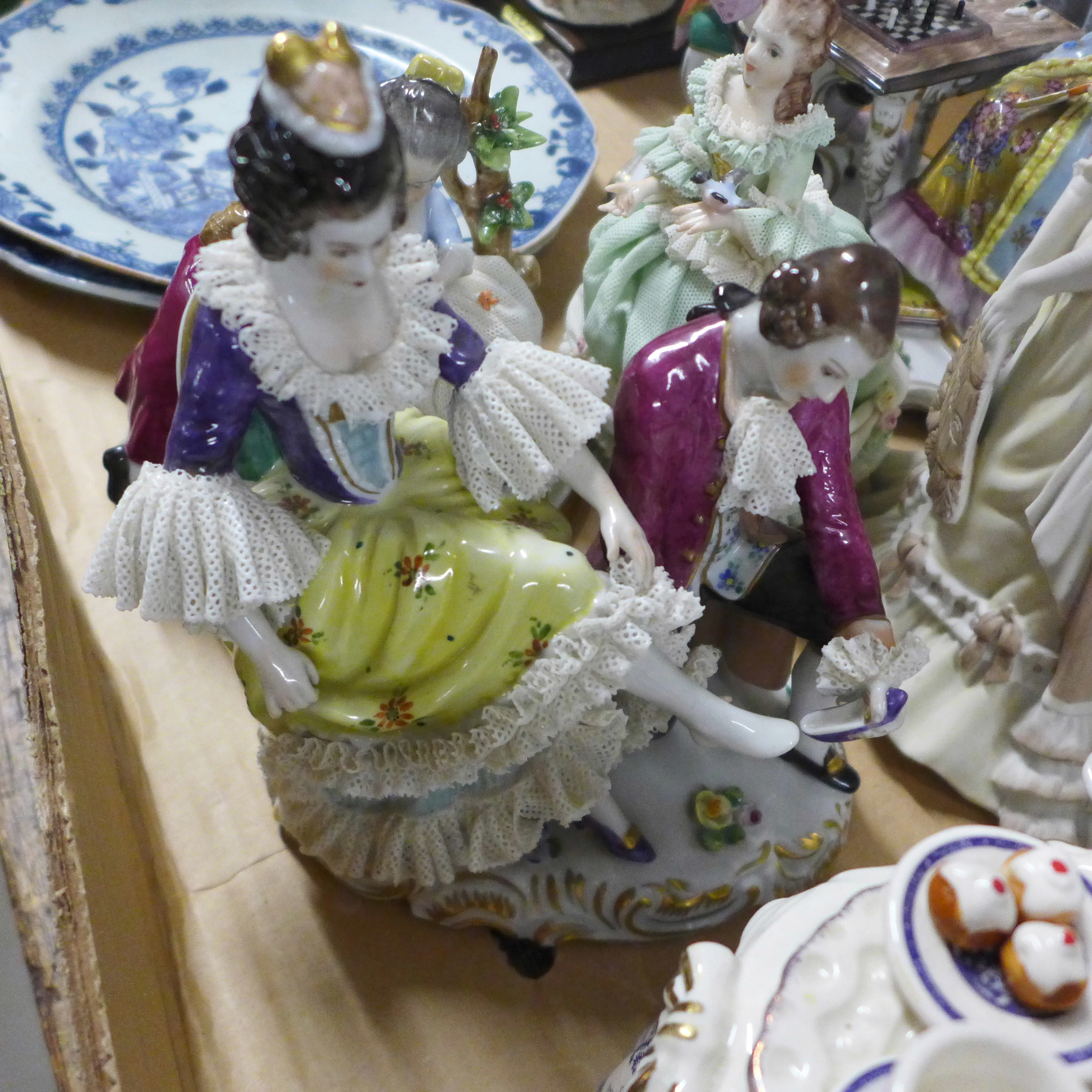 Two Chinese export blue and white plates, two teapots and seven figures, (German porcelain figure - Image 4 of 6