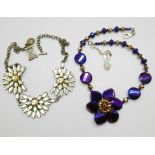 A Butler and Wilson Purple and Gold necklace and a Joules rhinestone three flower necklace