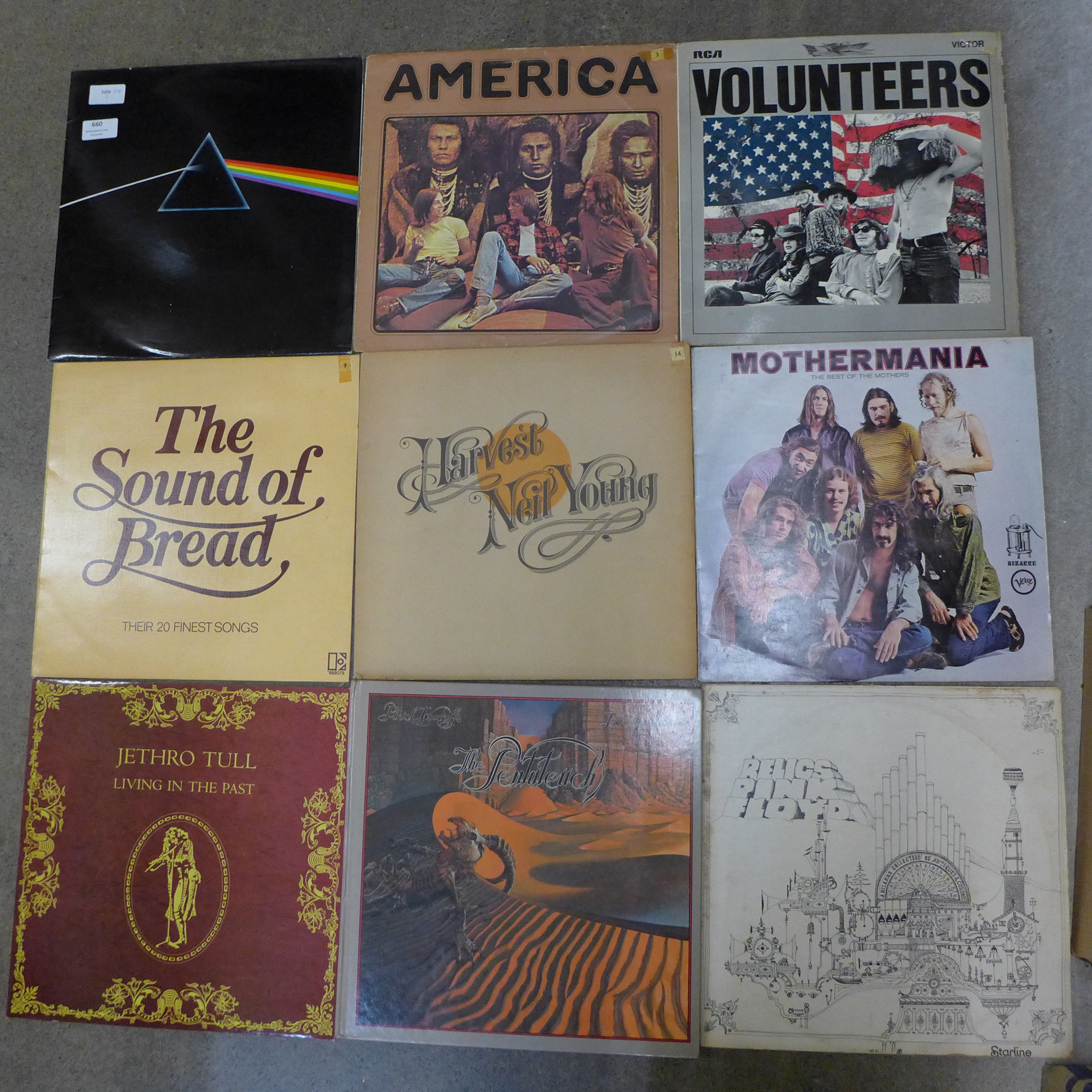Rock LP records including America, Pink Floyd Dark Side of The Moon (with inserts), Jethro Tull,
