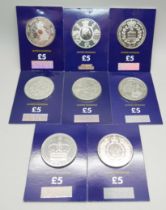 Eight uncirculated £5 coins in sealed packs; 2015, 2016, 2017 (2), 2019, 2020 (2) and 2021