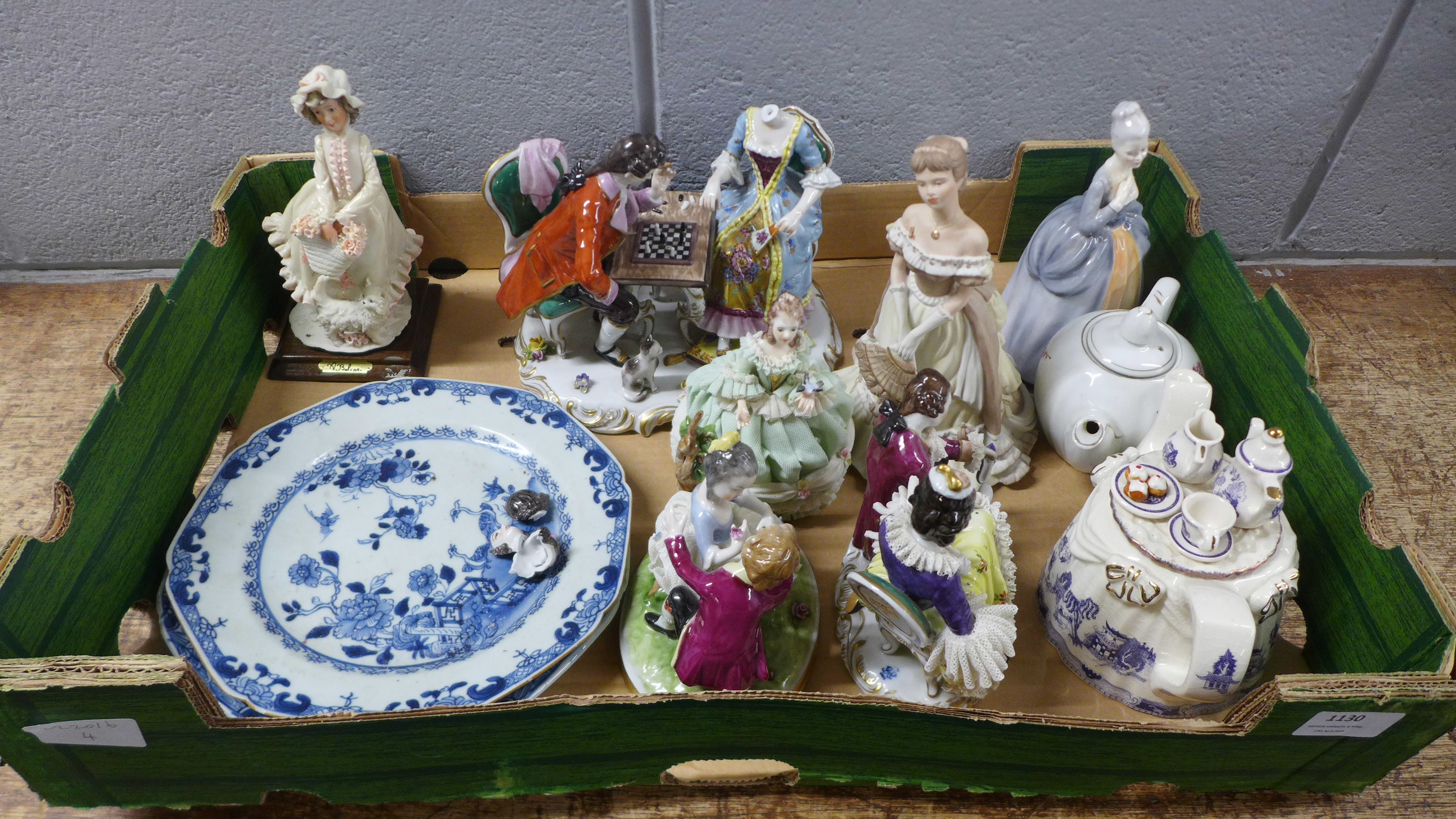 Two Chinese export blue and white plates, two teapots and seven figures, (German porcelain figure