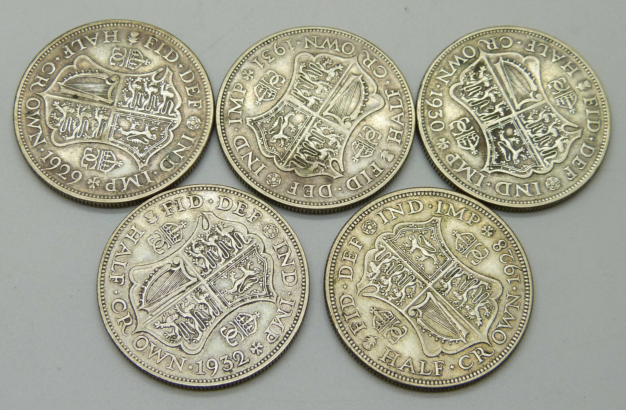 Coins; five half-crowns 1928 to 1932, includes rare 1930 date, 70.2g - Image 2 of 2