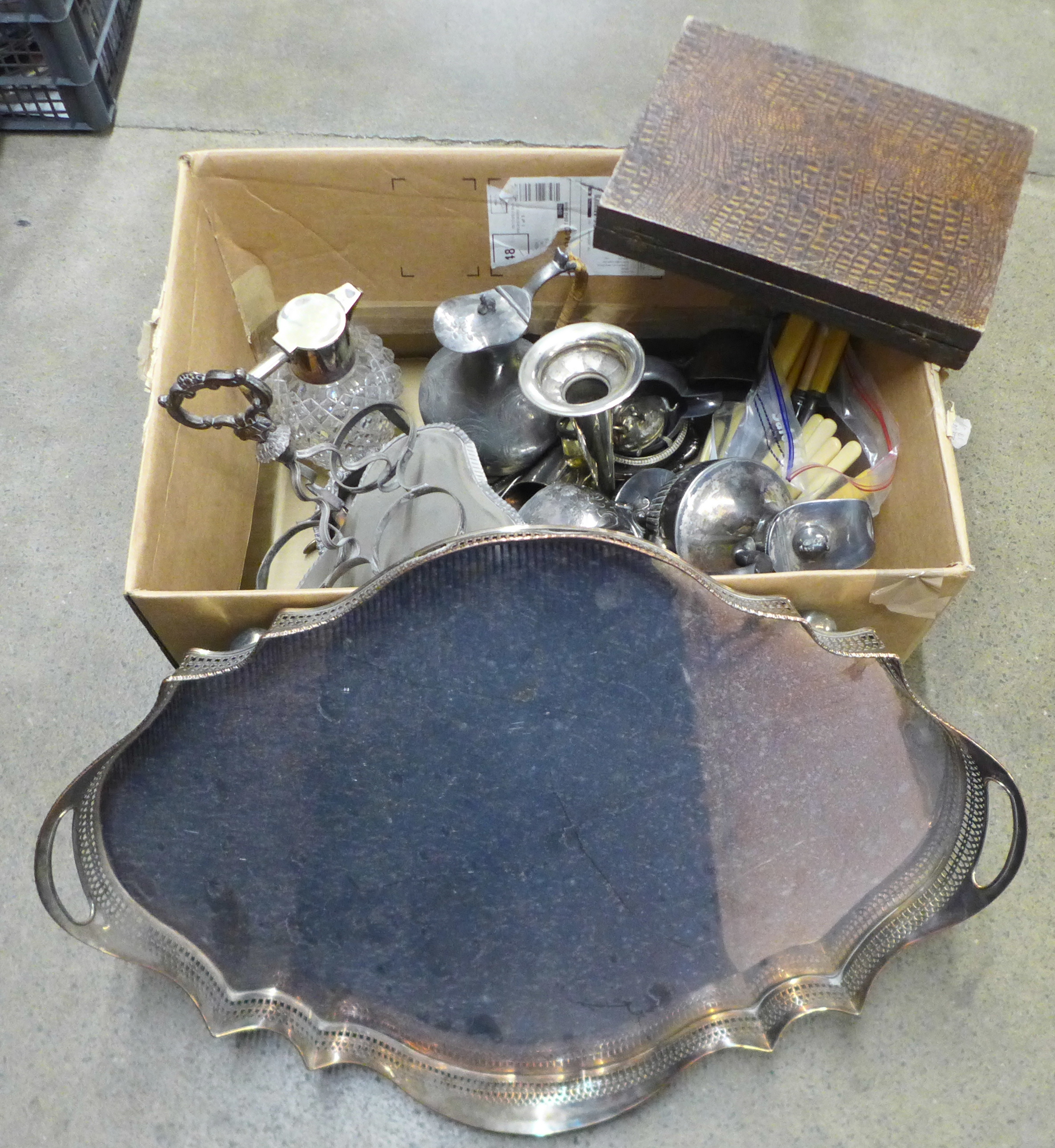 A collection of plated ware, large gallery tray, a/f, cutlery, etc. **PLEASE NOTE THIS LOT IS NOT