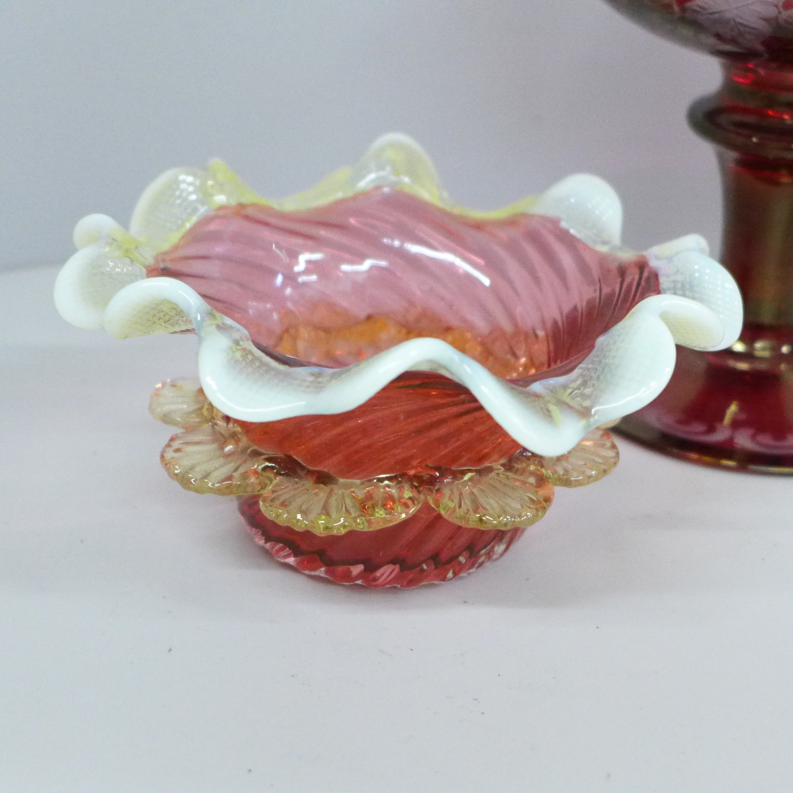 A cranberry and white Kralik Thorn vase, a ruffle edge cranberry glass bowl and a cranberry cut - Image 2 of 4