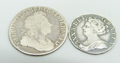 A George I SSC 1723 shilling and a Queen Anne 1708 sixpence