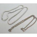 Two silver neck chains, 39g