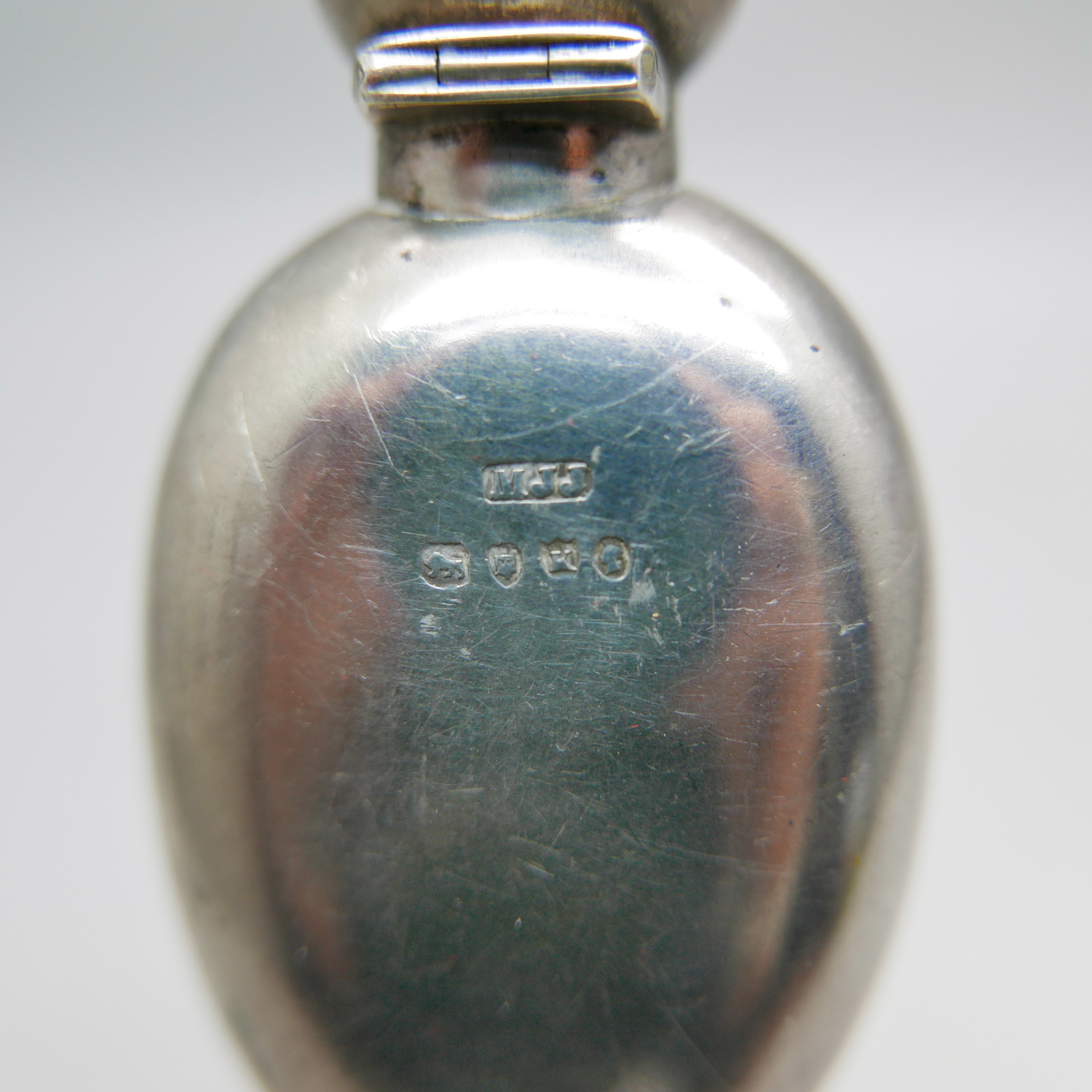 A Victorian silver and enamelled perfume bottle depicting a jackdaw with a ring in its beak, Matthew - Image 4 of 5