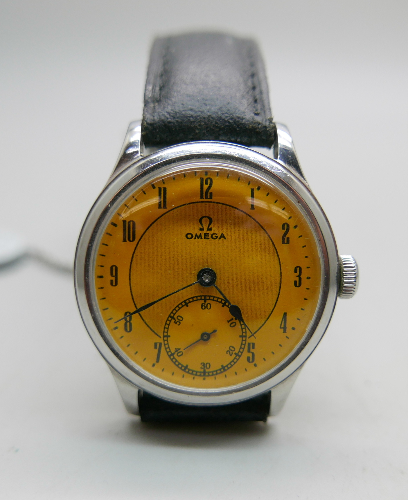 An Omega military style wristwatch with yellow dial, calibre 30T2, same movement in Omega WWII - Image 2 of 3