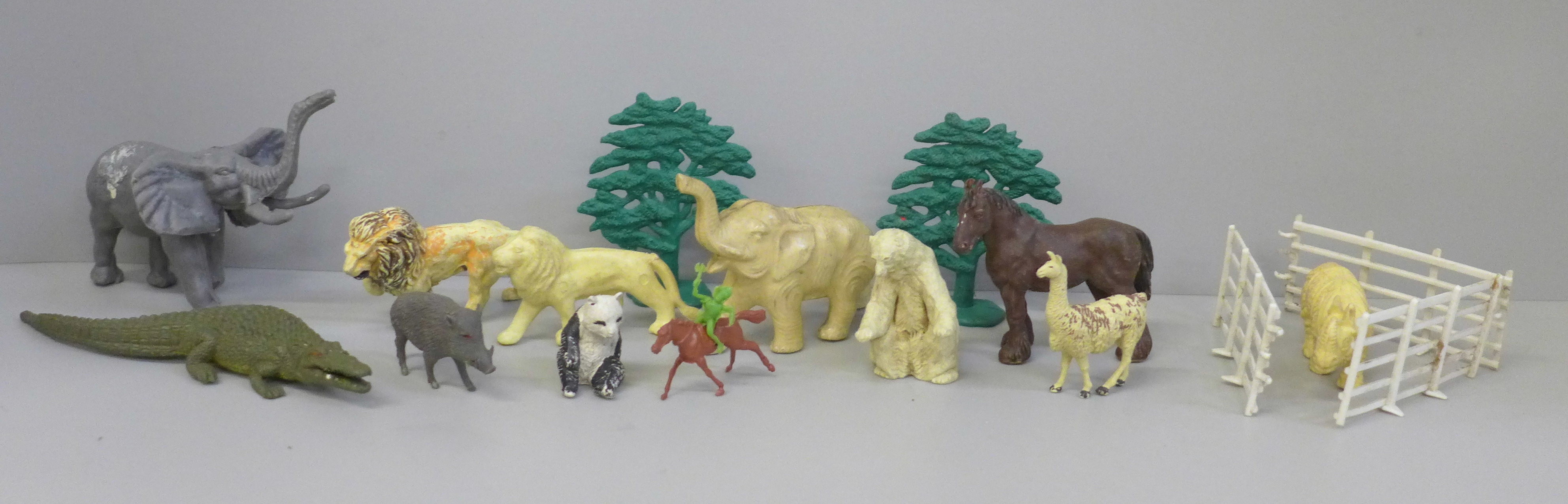 A collection of over 100 plastic animals, figures and accessories, mostly made by Britains Ltd.,