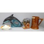 A musical hunting theme mug, an Art Deco lemon squeezer, an USSR model of a bear and a Poole pottery