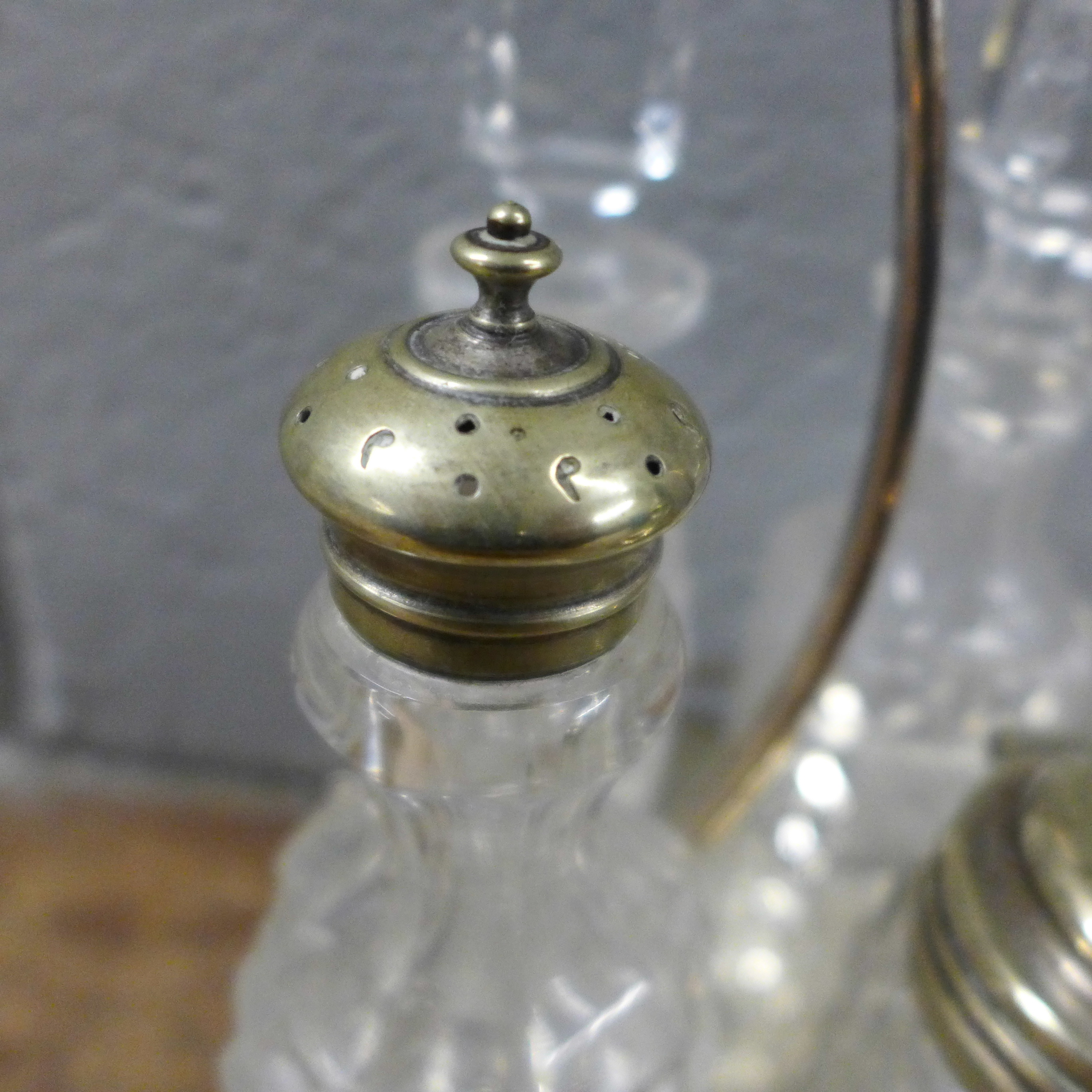 A silver plated six bottle cruet stand with six glass condiments, a cut glass posy vase and a - Image 4 of 4