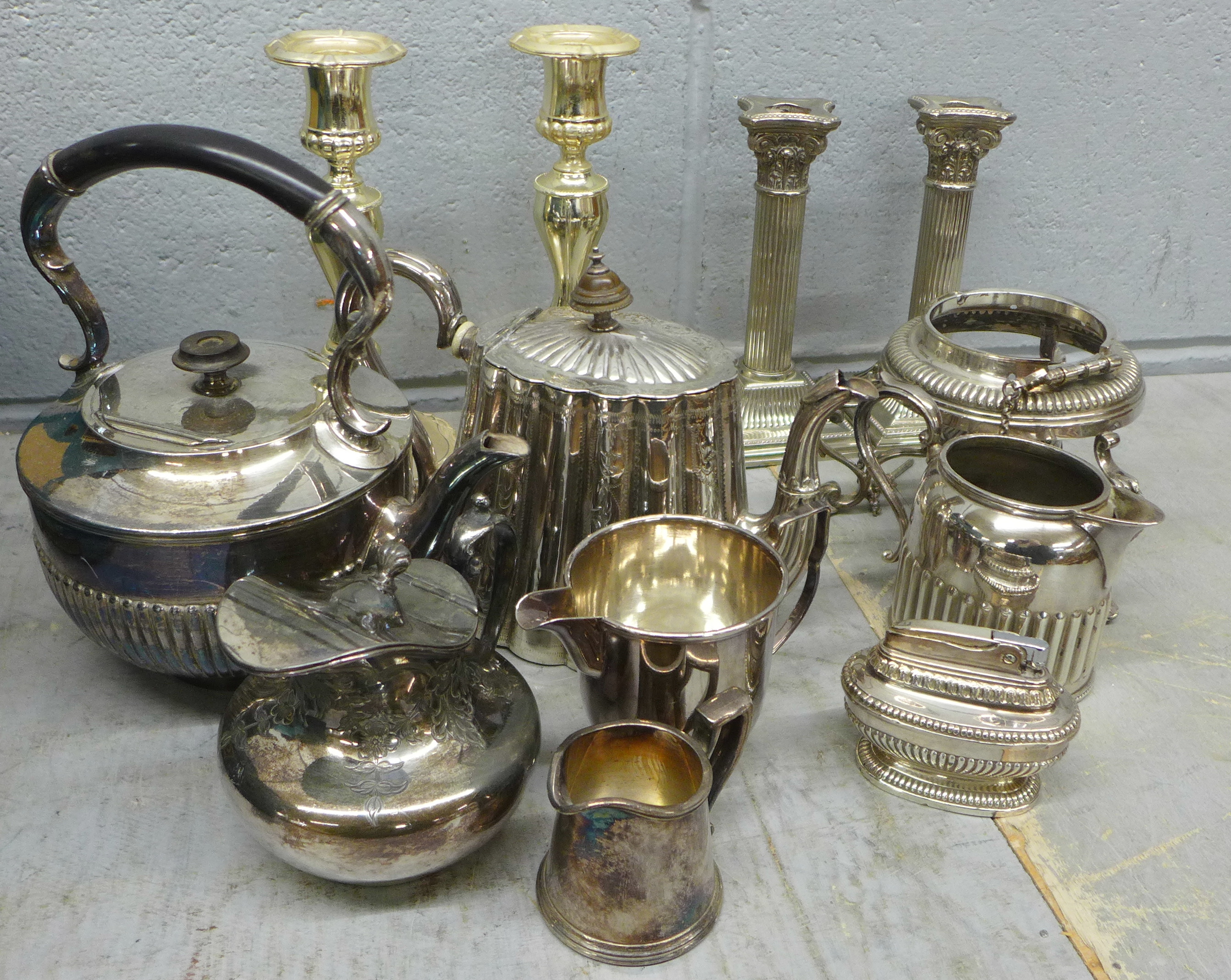 A collection of plated ware, etc., including a spirit kettle and candlesticks **PLEASE NOTE THIS LOT