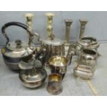 A collection of plated ware, etc., including a spirit kettle and candlesticks **PLEASE NOTE THIS LOT