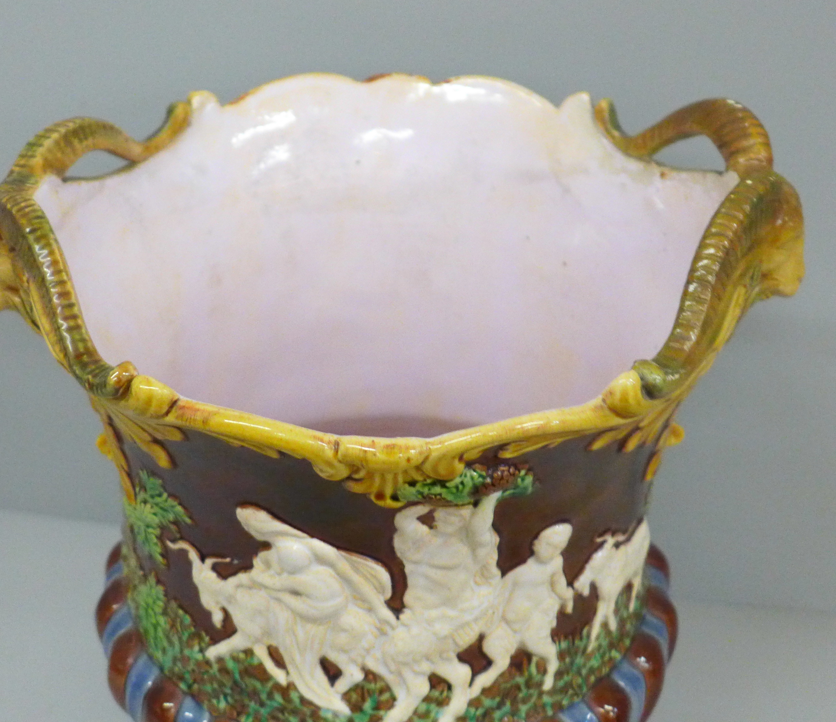 A 19th Century majolica jardinière with ram's head detail and embossed with classical Roman - Image 5 of 6