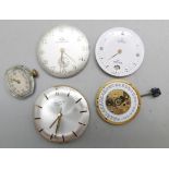 Five wristwatch movements; gentleman's Longines, a lady's Longines, an Omega (missing dial), a