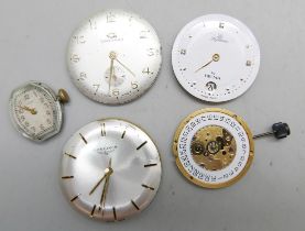 Five wristwatch movements; gentleman's Longines, a lady's Longines, an Omega (missing dial), a