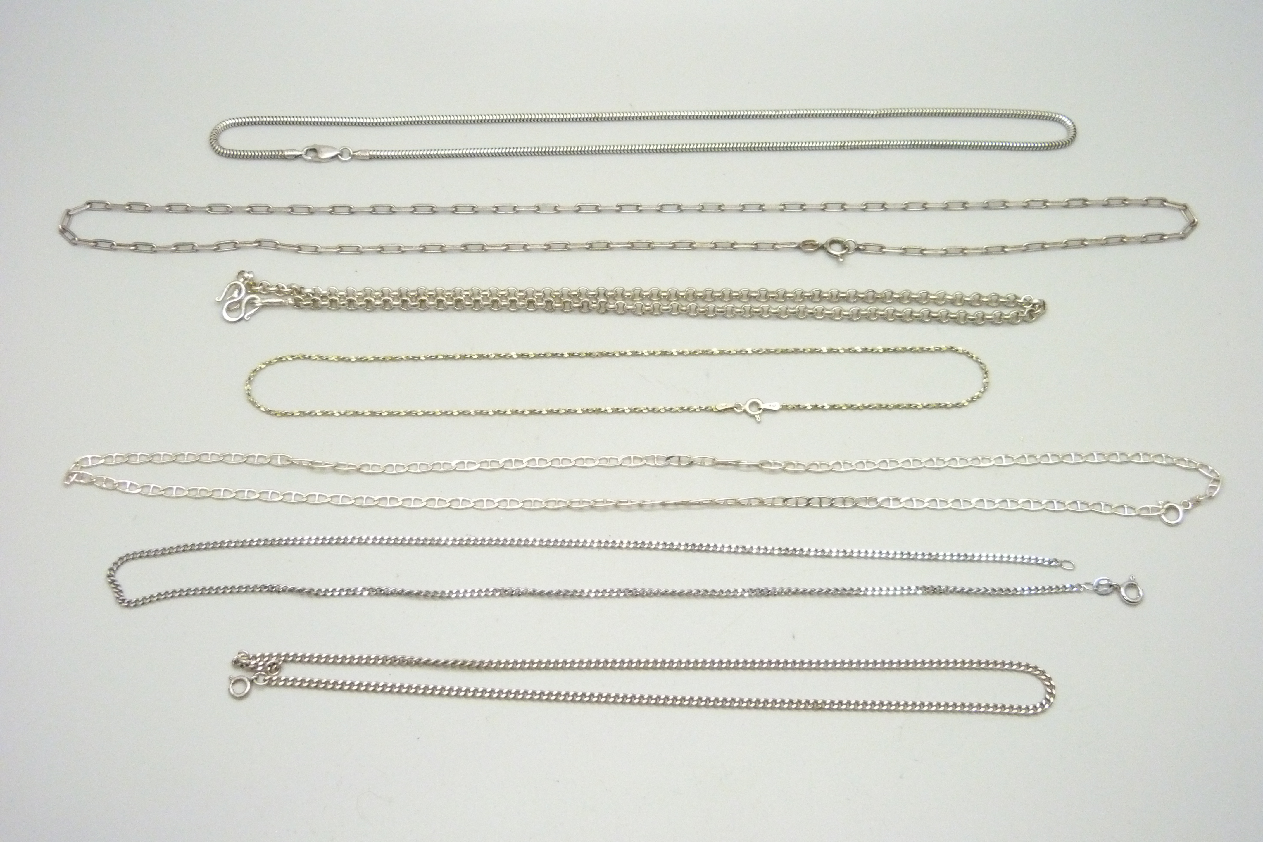 Seven silver chains, 52g