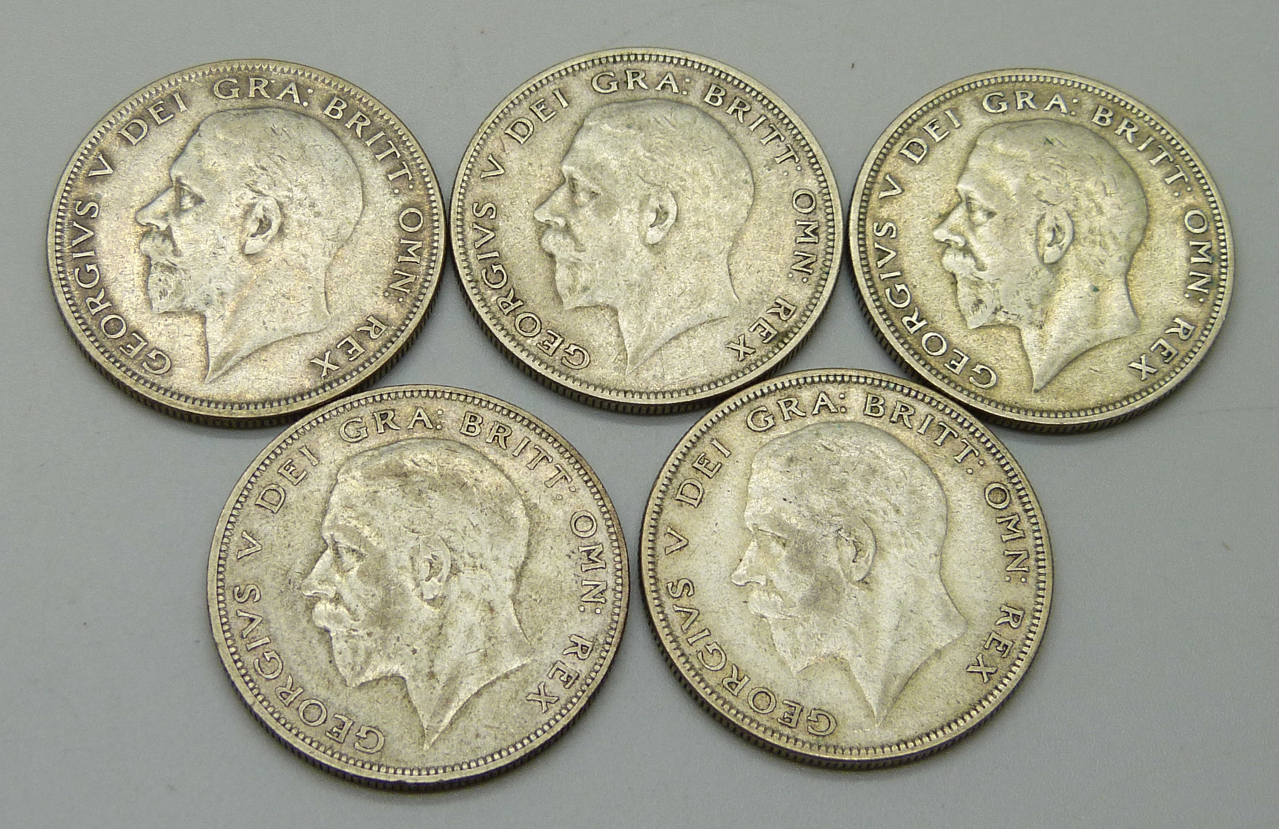 Coins; five half-crowns 1928 to 1932, includes rare 1930 date, 70.2g
