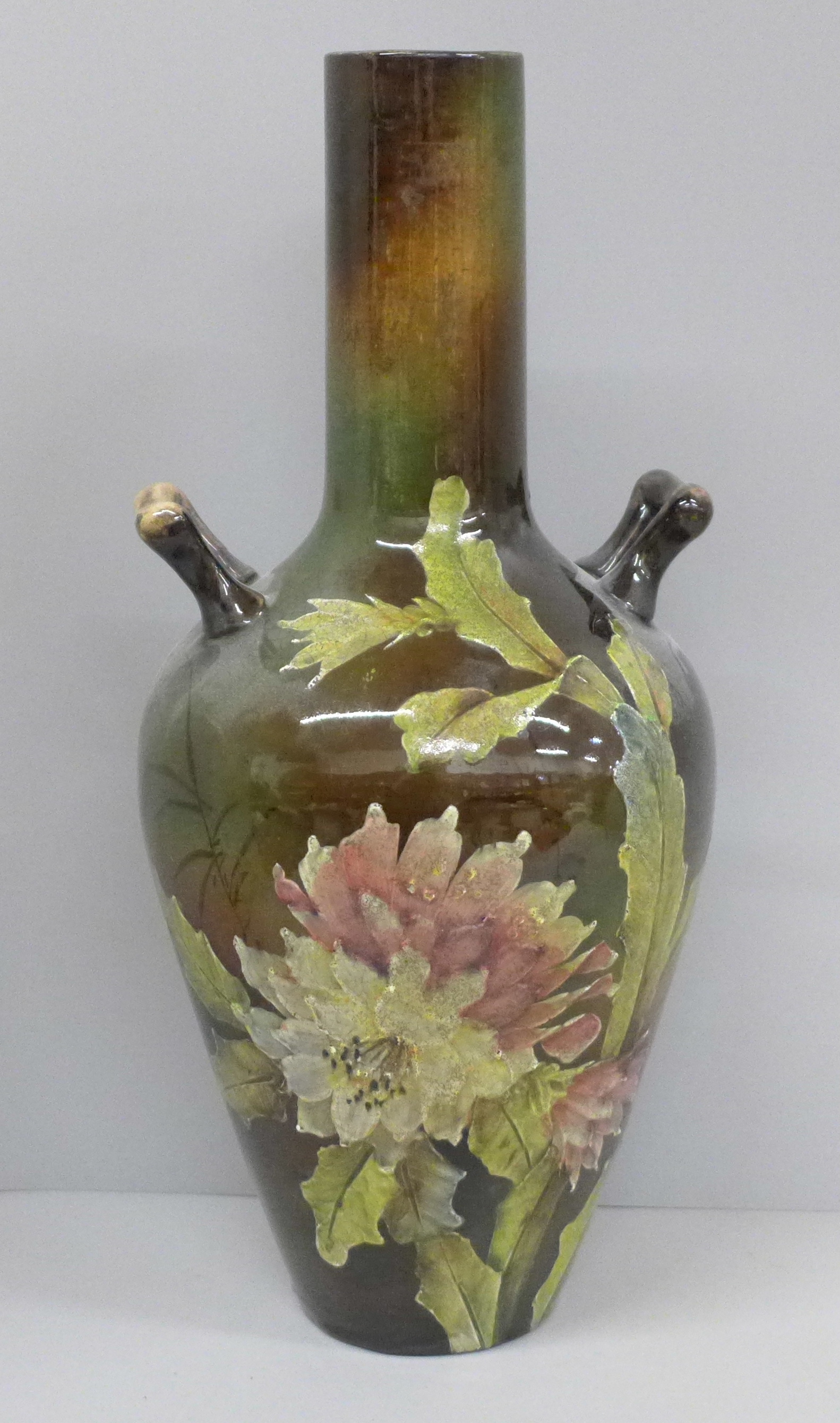 A 19th Century Impasto style two handled vase, 33cm, small hairline cracks to the rim