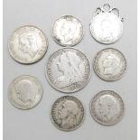 Two Victorian silver coins, one mounted and six other silver coins, 59g