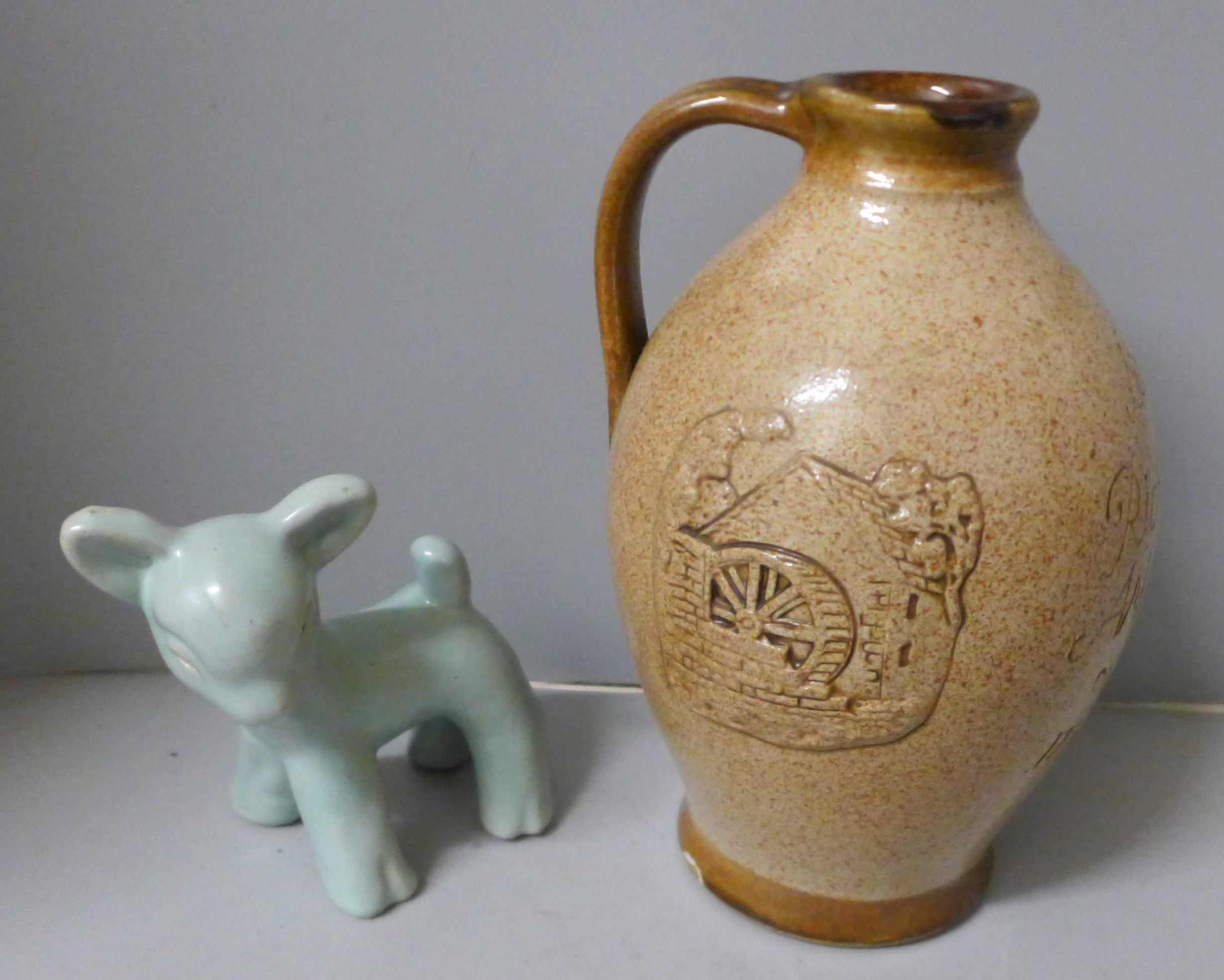 A Denby lamb and a relief moulded commemorative jug for Sir Richard Arkwright, Cromford