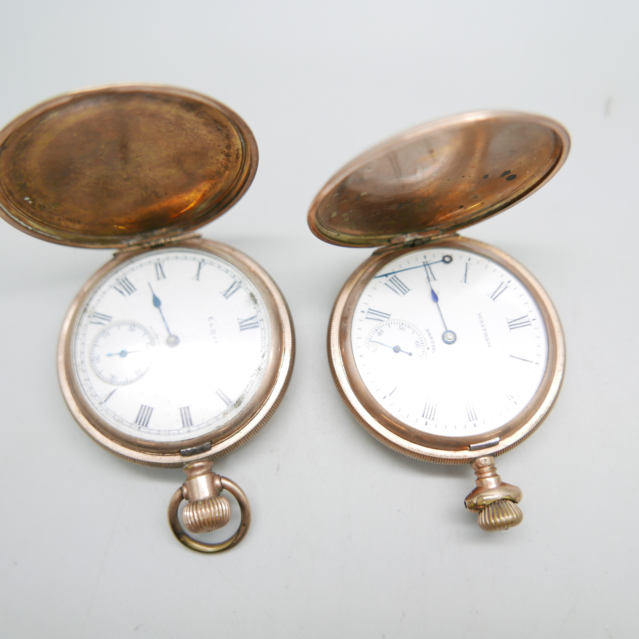 Two full hunter pocket watches; Elgin and Waltham Pantic lacking loop