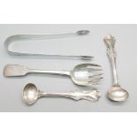 A pair of silver sugar bows, a pair of Victorian Scottish silver mustard spoons and a Victorian