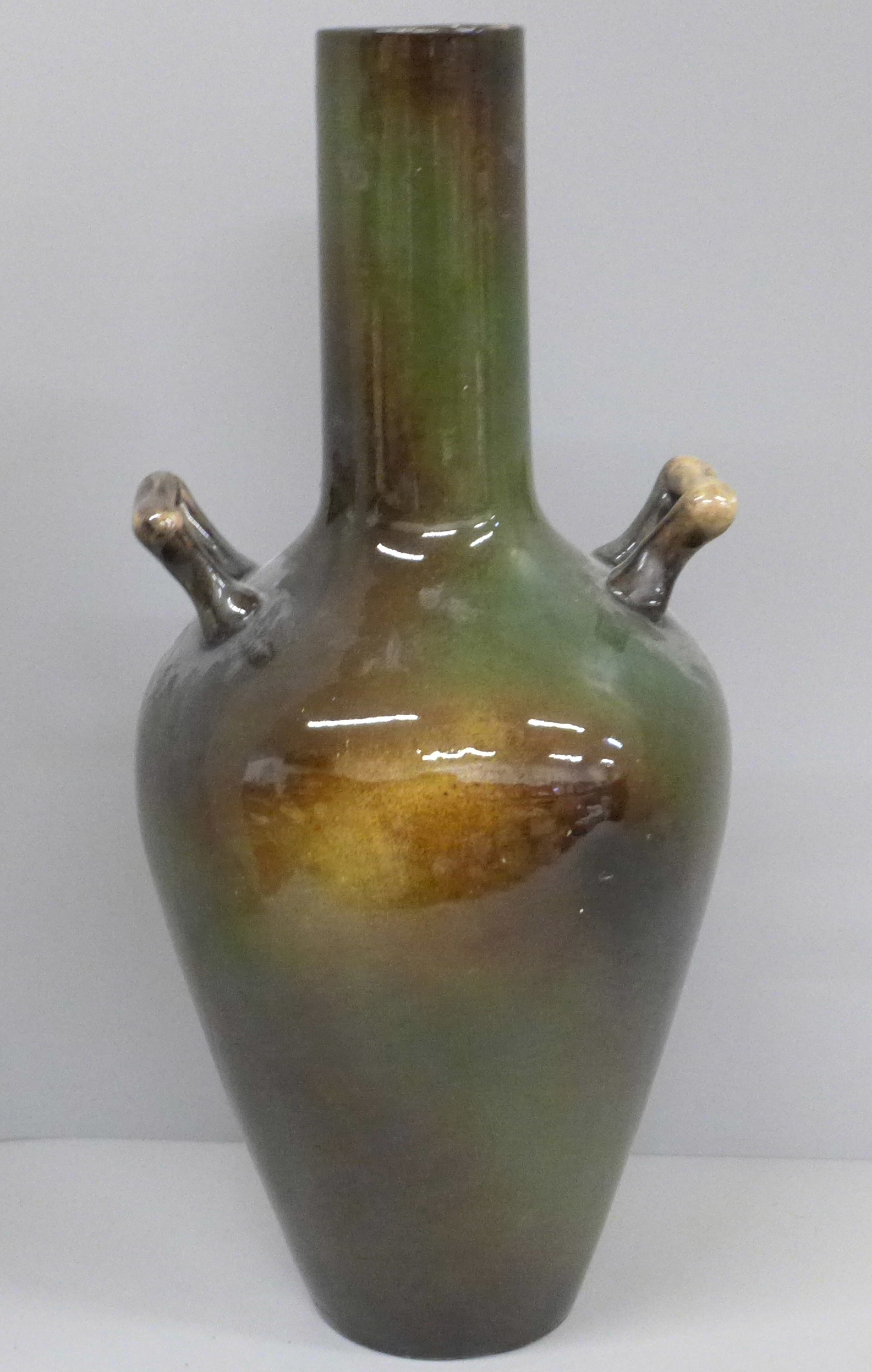 A 19th Century Impasto style two handled vase, 33cm, small hairline cracks to the rim - Image 3 of 5