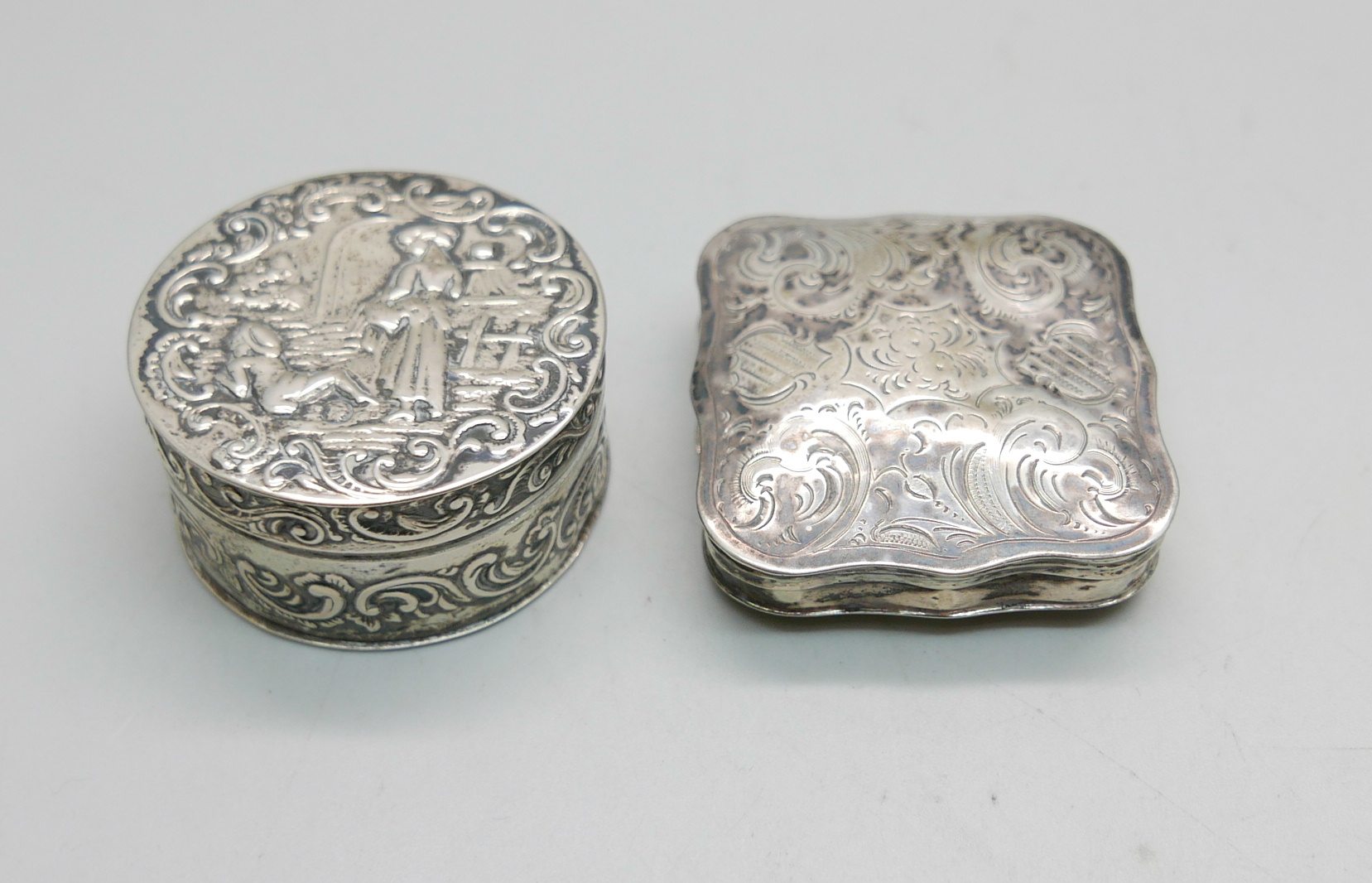 Two silver boxes with continental control marks, (circular box 45mm in diameter)