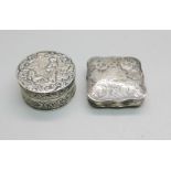 Two silver boxes with continental control marks, (circular box 45mm in diameter)