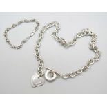 A silver heart, T-bar necklace and a silver bracelet, 77g
