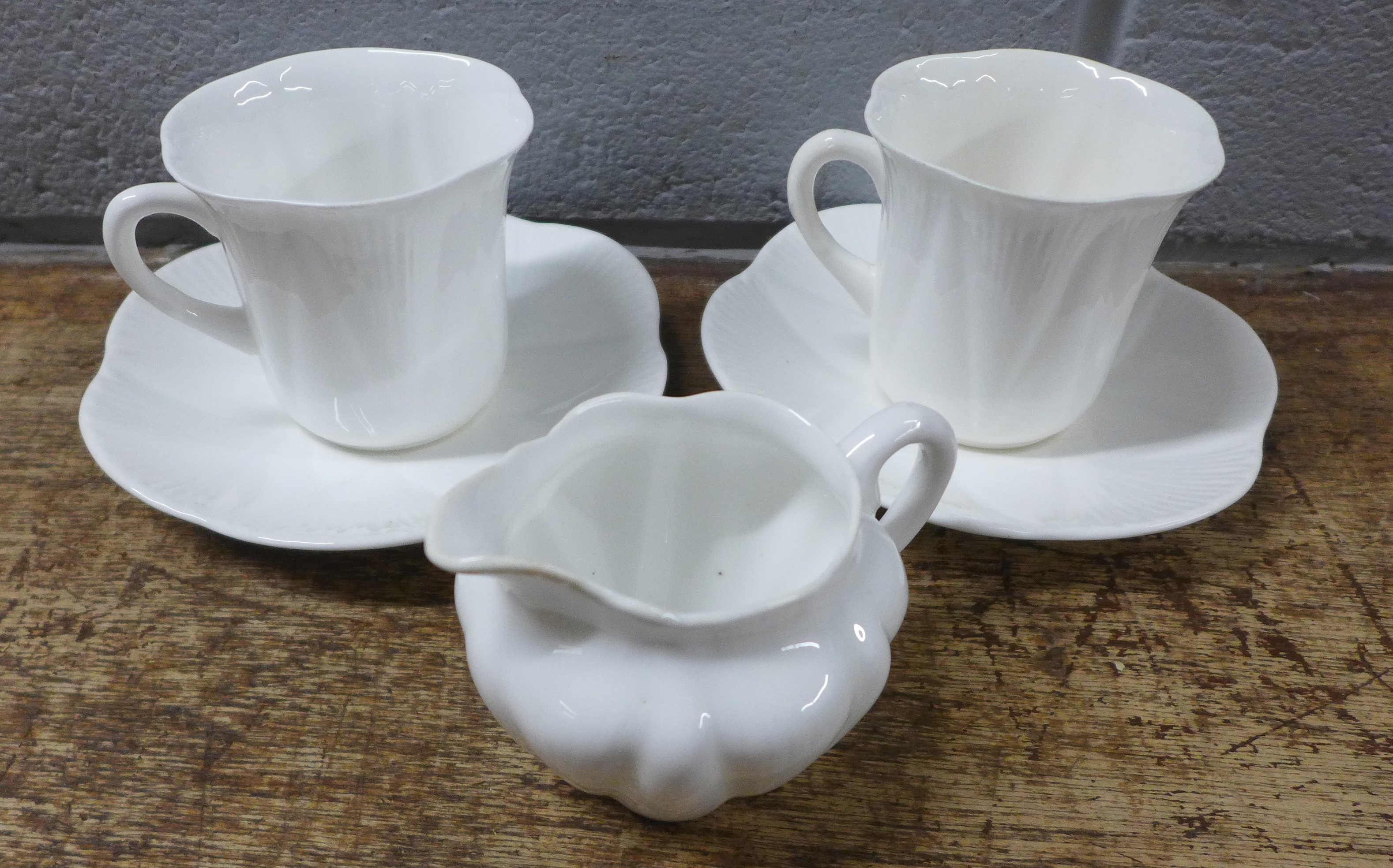 A pastille burner, two Shelley white cups, saucers and cream jug and two china shoes **PLEASE NOTE - Image 4 of 4