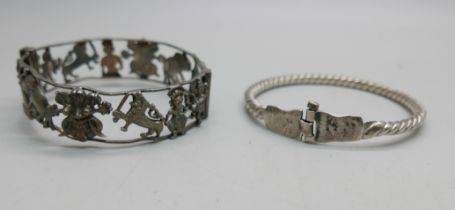 One vintage eastern inspired silver bangle with temples, elephants, etc., and a silver cable