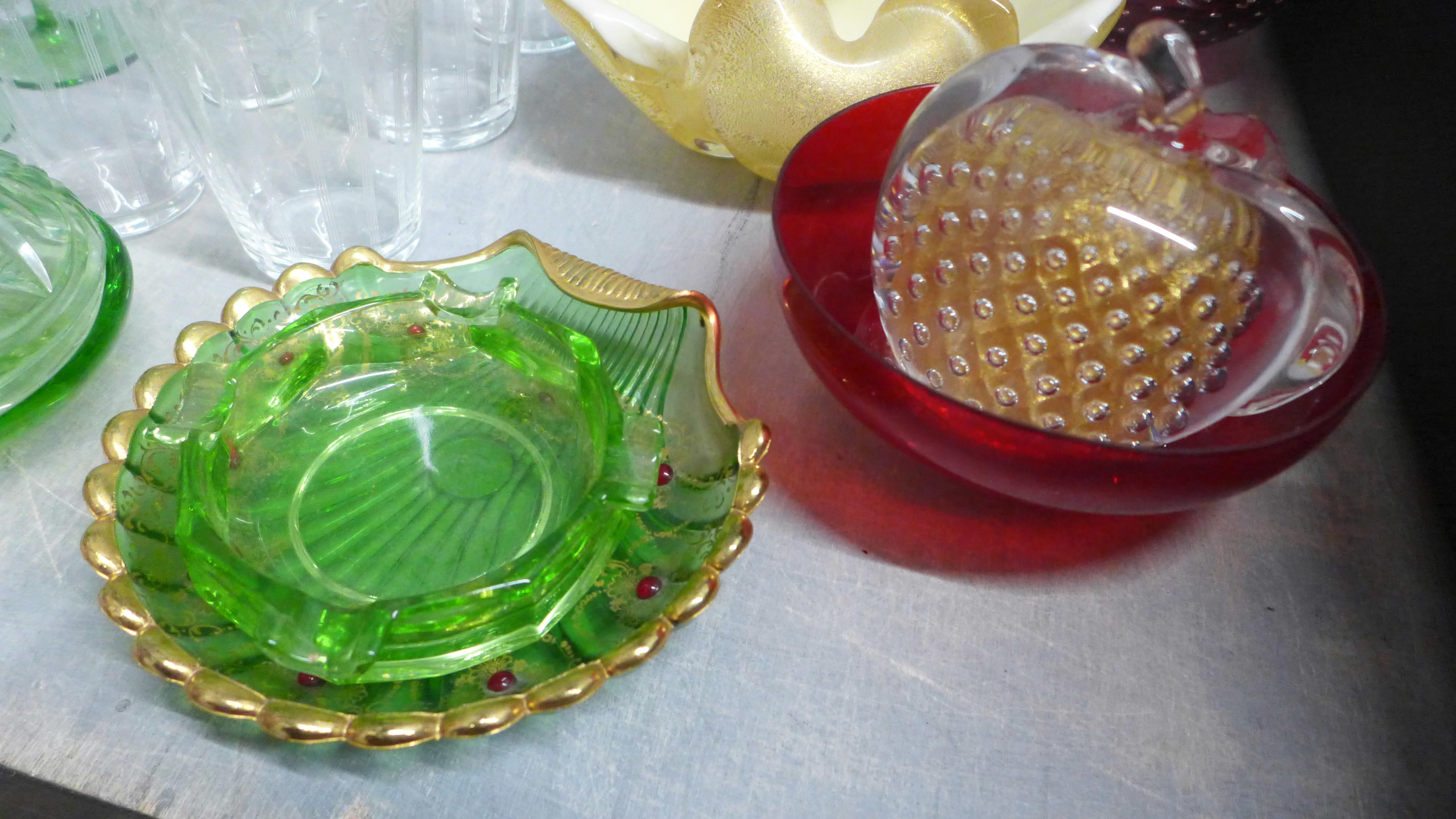 Eleven items of coloured glass, ruby glass, green glass, paperweight, etc., and a collection of - Image 6 of 7