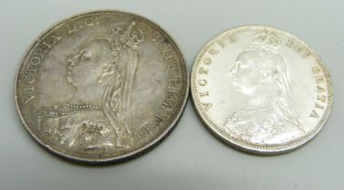 An 1887 crown (VF+) and an 1887 half crown (EF)