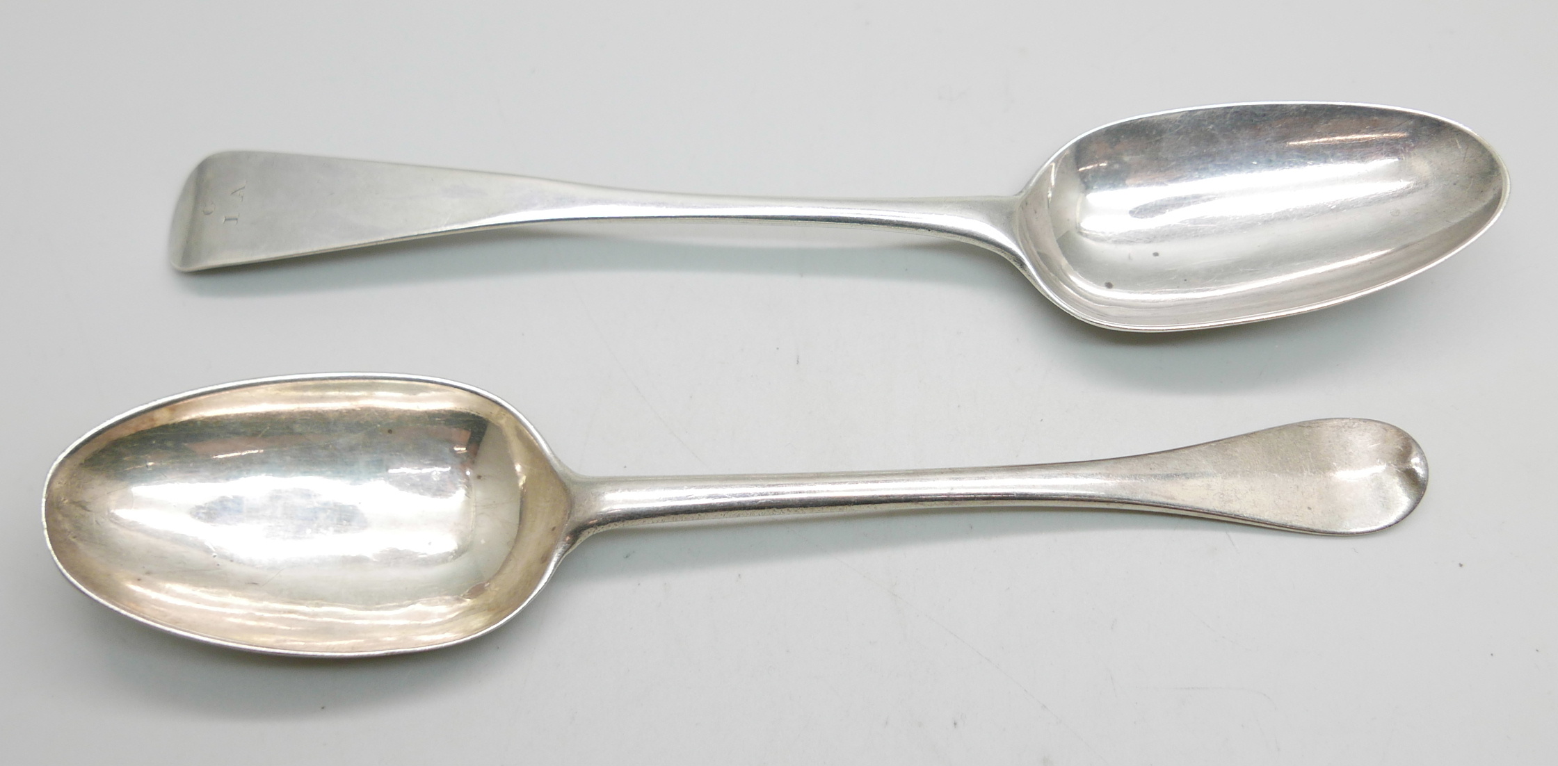 Two silver serving spoons, one London 1771 by Thomas & William Chawner and one with Scottish mark,