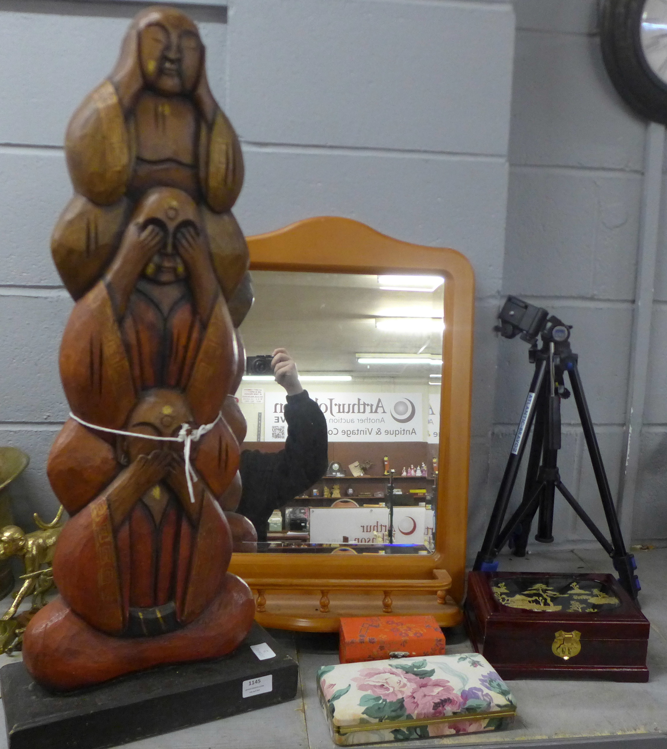 A carving depicting Buddha, a wooden toilet mirror, three jewellery boxes and a tripod **PLEASE NOTE