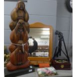 A carving depicting Buddha, a wooden toilet mirror, three jewellery boxes and a tripod **PLEASE NOTE