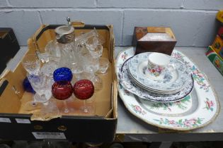 A collection of glassware, an Indian Tree serving plate, tea caddy, etc. **PLEASE NOTE THIS LOT IS