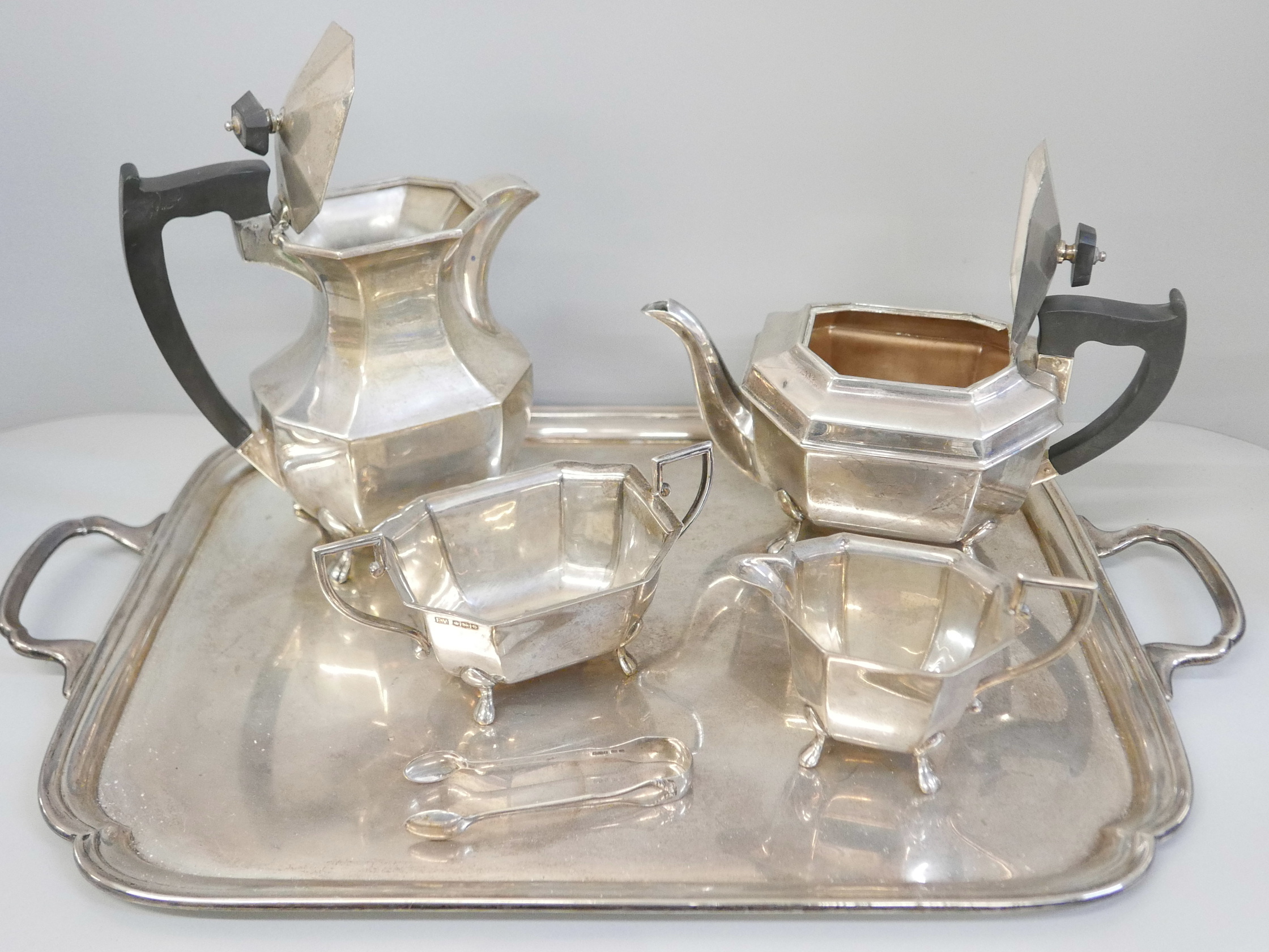 A silver four piece tea service, two handled tray and a pair of silver sugar bows, Sheffield 1945 - Image 5 of 7