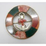 A circular agate set brooch with anchor detail, 46mm