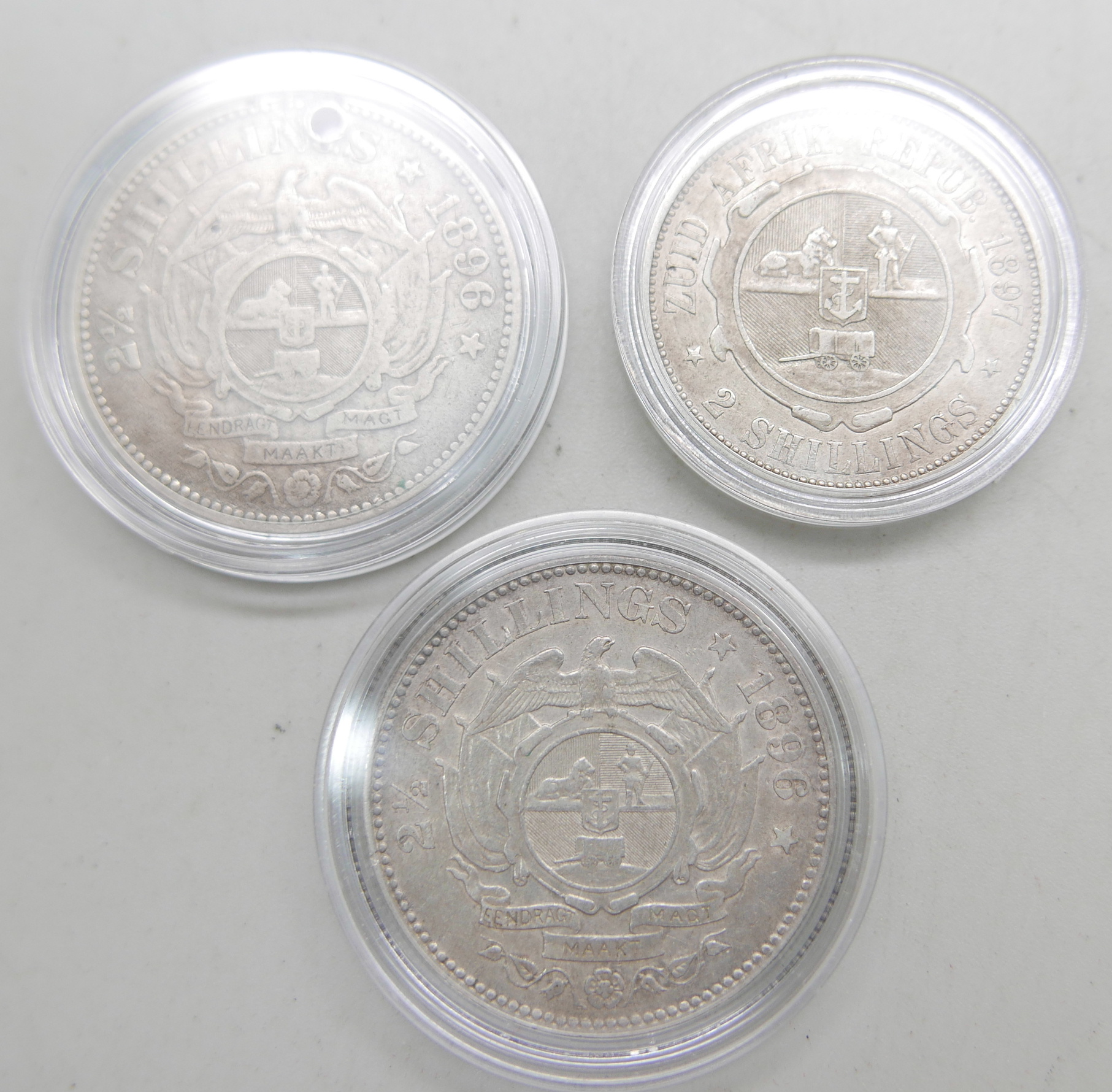 Two South African 1896 2½ shillings coins, one drilled, and an 1897 two shillings coin - Image 2 of 2