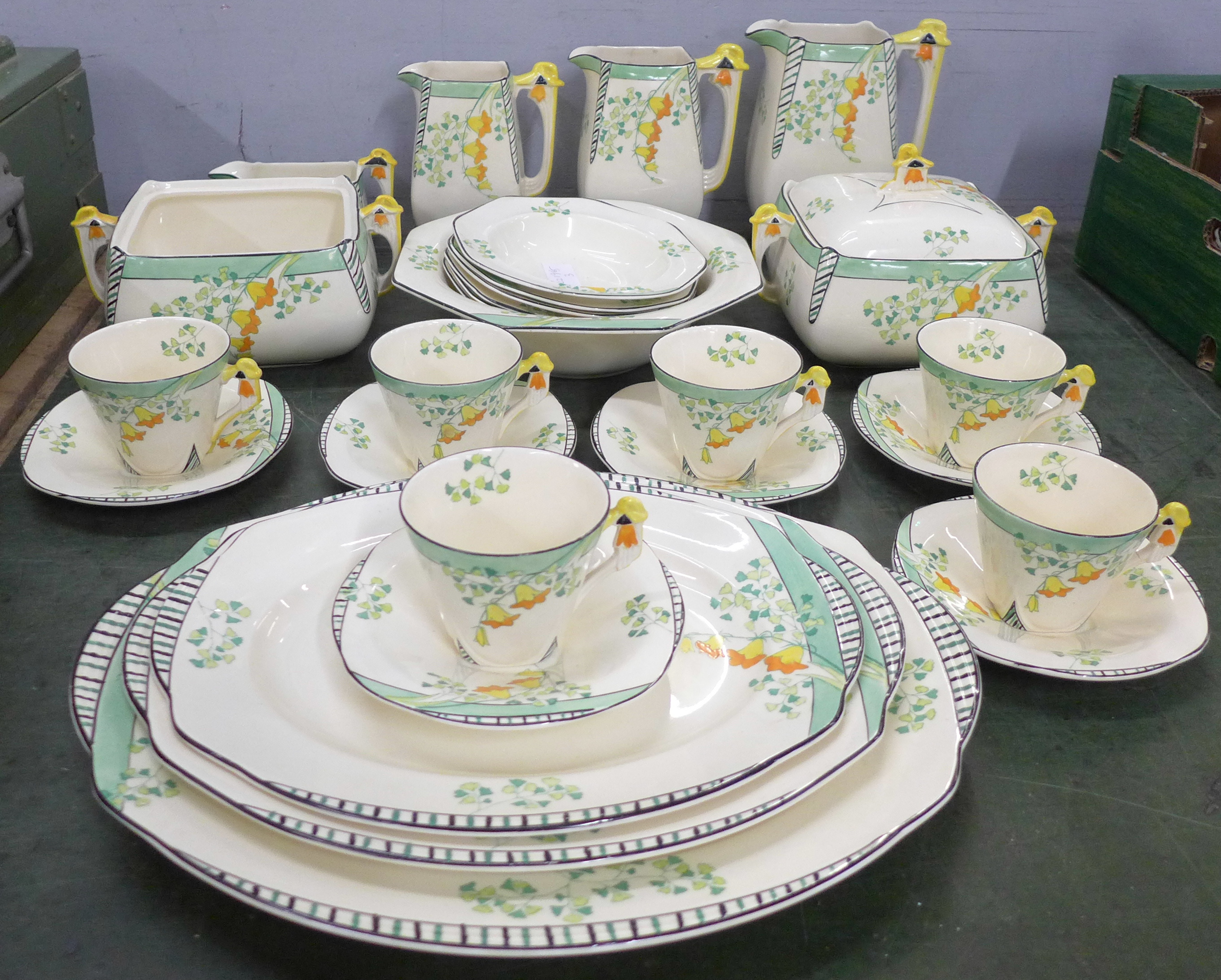 Burleighware Evergreen Art Deco set of six cups and saucers, two vegetable dishes, one lacking